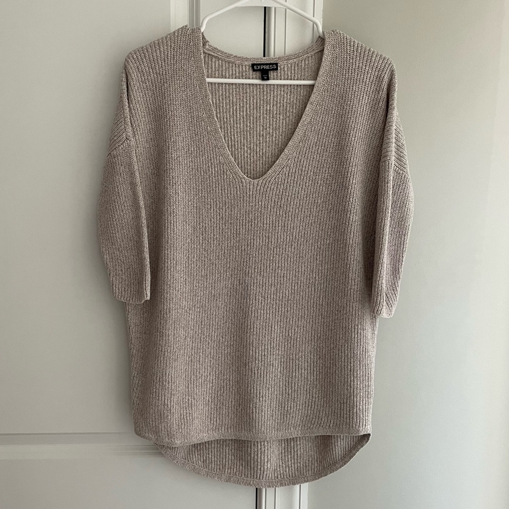Express Womens Pullover Sweater Beige Cotton Heathered 3/4 Sleeve V Neck XS